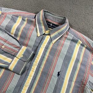 Polo Ralph Lauren Shirt Mens Extra Large Blue Pink Striped Twill Fun Button Down
